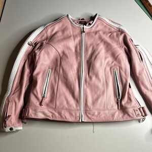 Power Trip Womens XL Pink Leather Motorcycle Jacket White Racing Stripe Biker